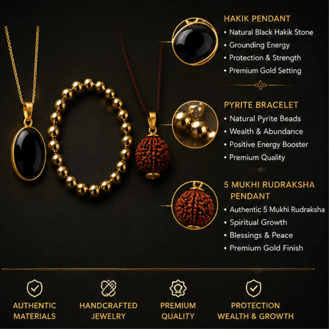 3-in-1 Healing Combo (Hakik Pendant, Pyrite Bracelet & Rudraksha Pendant) for Protection, Wealth & Spiritual Growth