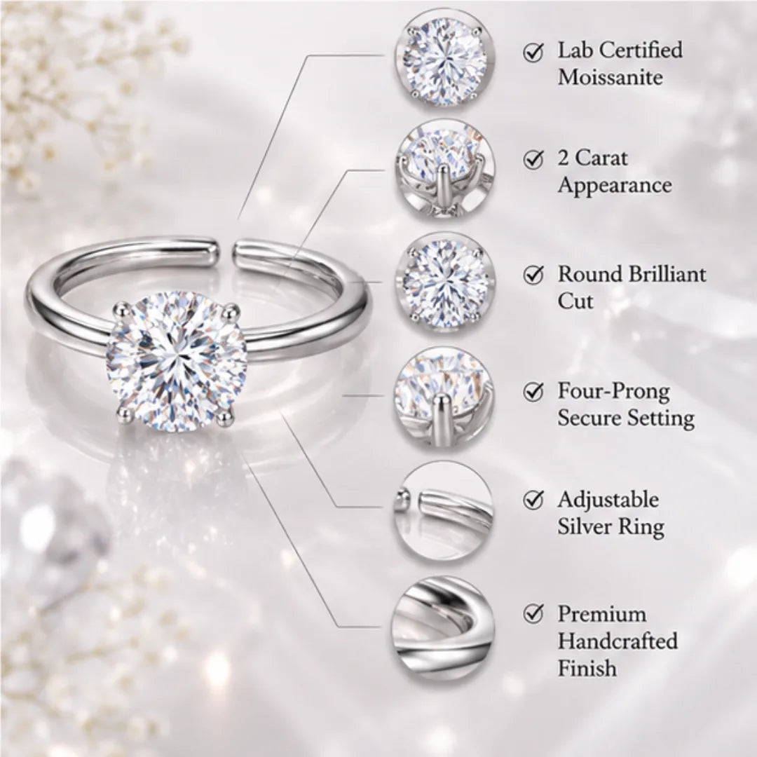 2 Carat Moissanite Adjustable Silver Ring | Lab Certified