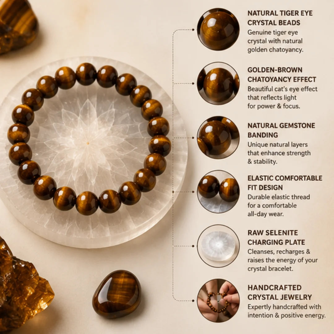 Tiger Eye Crystal Bracelet for Confidence & Protection with Free Selenite Plate