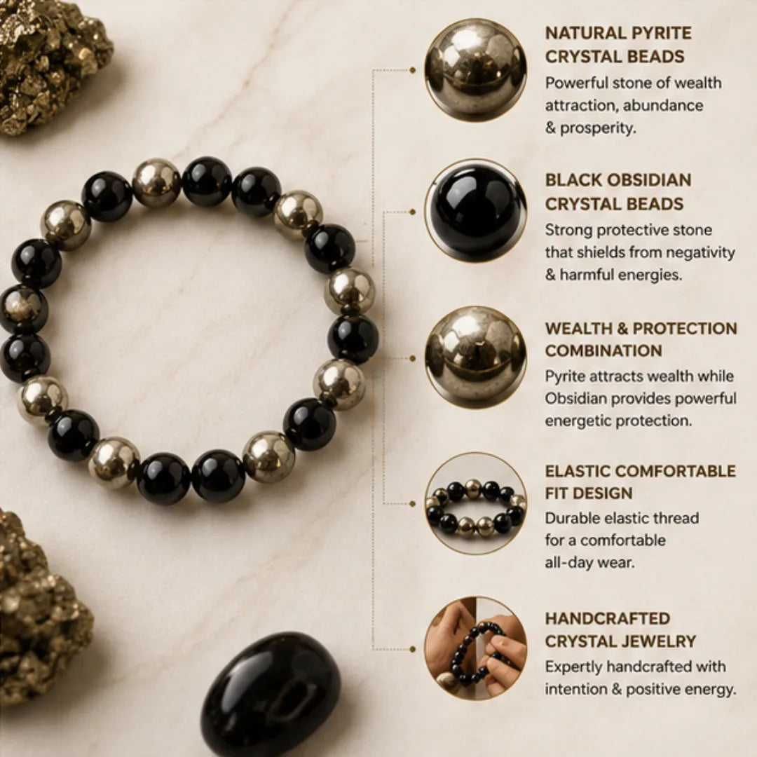 Richie Rich Bracelet with Pyrite & Black Obsidian for Wealth & Protection