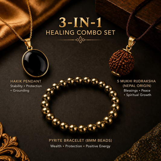 3-in-1 Healing Combo (Hakik Pendant, Pyrite Bracelet & Rudraksha Pendant) for Protection, Wealth & Spiritual Growth