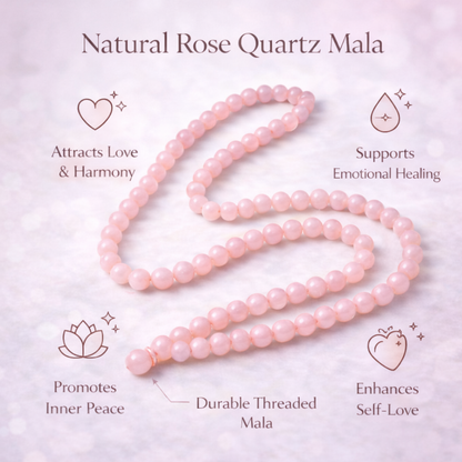 Natural Rose Quartz Mala 8mm for Love & Emotional Healing