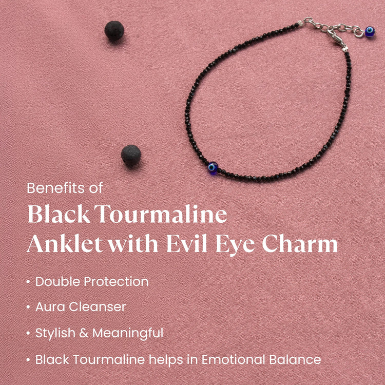 Black Tourmaline Anklet With Evil Eye For Ladies/Women