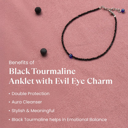 Black Tourmaline Anklet With Evil Eye For Ladies/Women