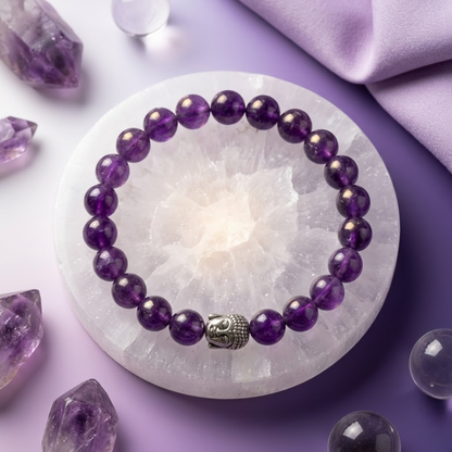 Natural Amethyst Crystal Bracelet for Healing & Calmness with Free Selenite Plate