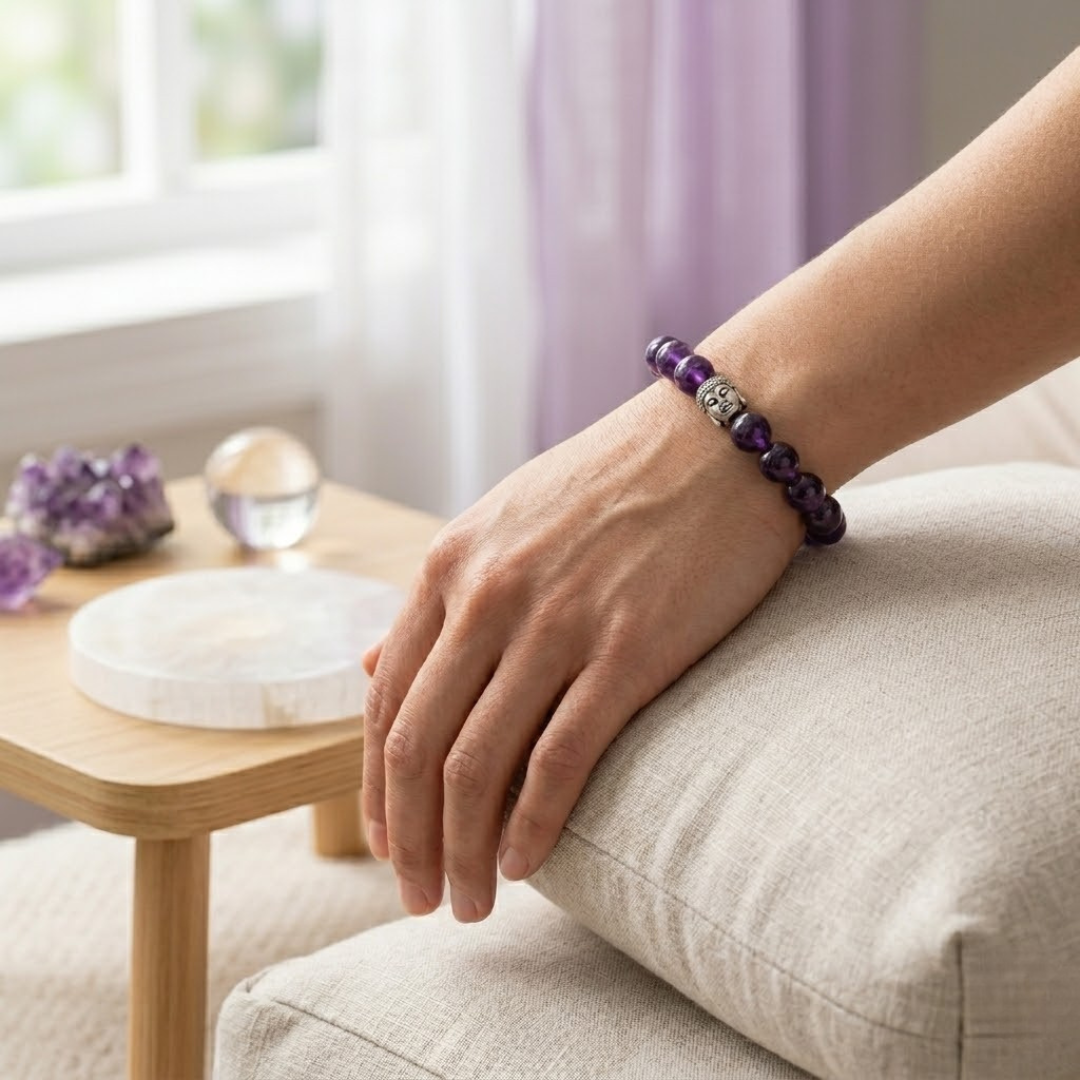 Natural Amethyst Crystal Bracelet for Healing & Calmness with Free Selenite Plate