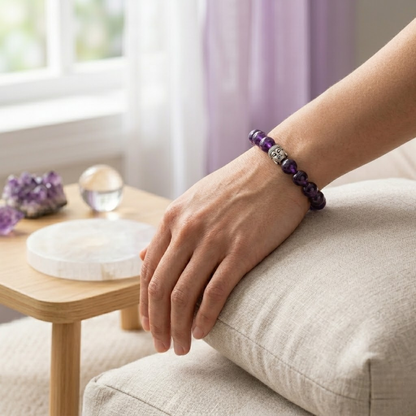 Natural Amethyst Crystal Bracelet for Healing & Calmness with Free Selenite Plate