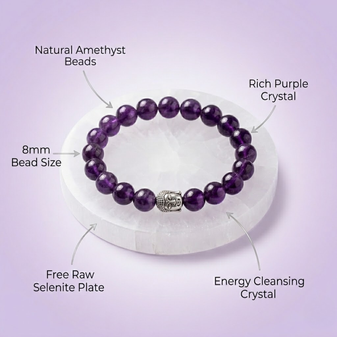 Natural Amethyst Crystal Bracelet for Healing & Calmness with Free Selenite Plate