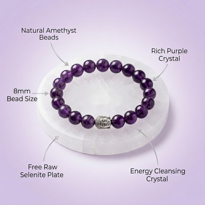 Natural Amethyst Crystal Bracelet for Healing & Calmness with Free Selenite Plate