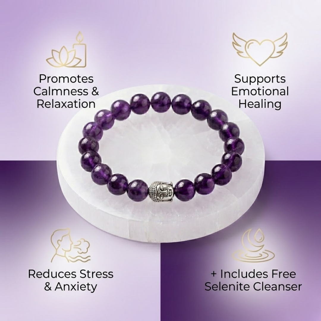 Natural Amethyst Crystal Bracelet for Healing & Calmness with Free Selenite Plate