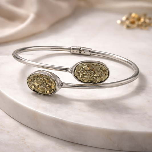 Natural Pyrite Kada for Women & Girls | German Silver Kada for Wealth