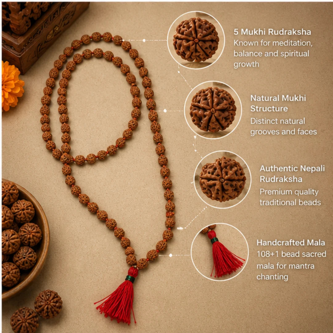 5 Mukhi Original Nepali Rudraksha Mala for Meditation 108+1 Beads