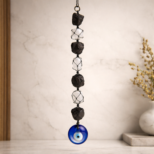 Selenite Black Tourmaline Evil Eye Protection Hanging