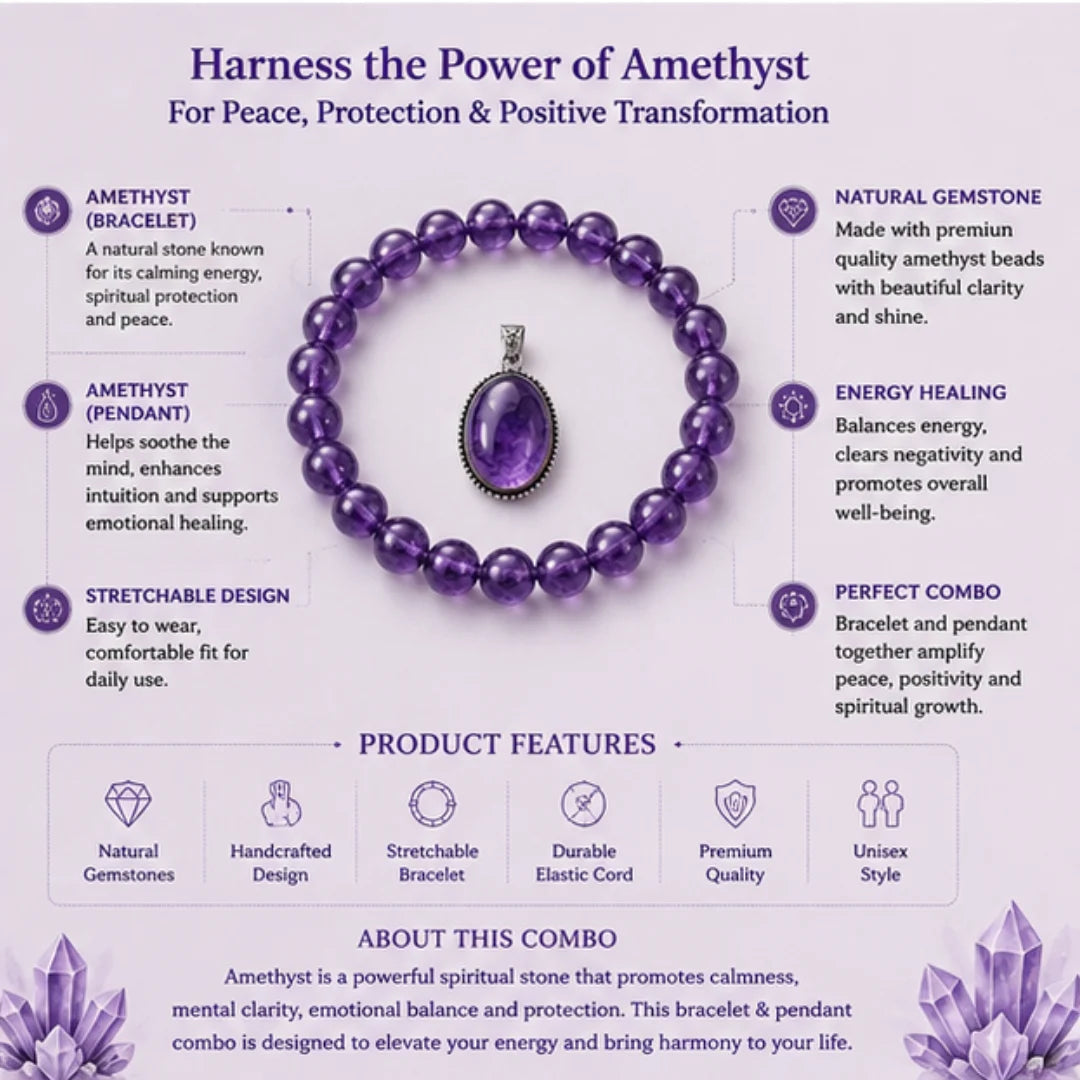 Amethyst Bracelet & Pendant Combo for Peace & Stress Relief