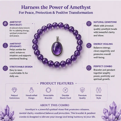 Amethyst Bracelet & Pendant Combo for Peace & Stress Relief