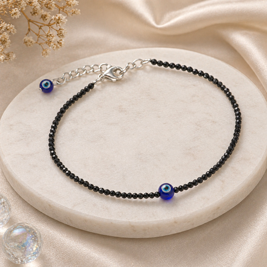 Black Tourmaline Anklet with Evil Eye for Women Protection
