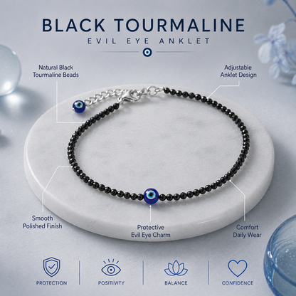 Black Tourmaline Anklet with Evil Eye for Women Protection