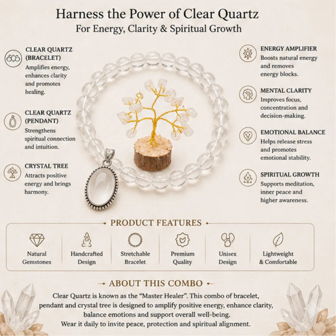 Clear Quartz Bracelet & Pendant Combo with Tree for Energy Healing