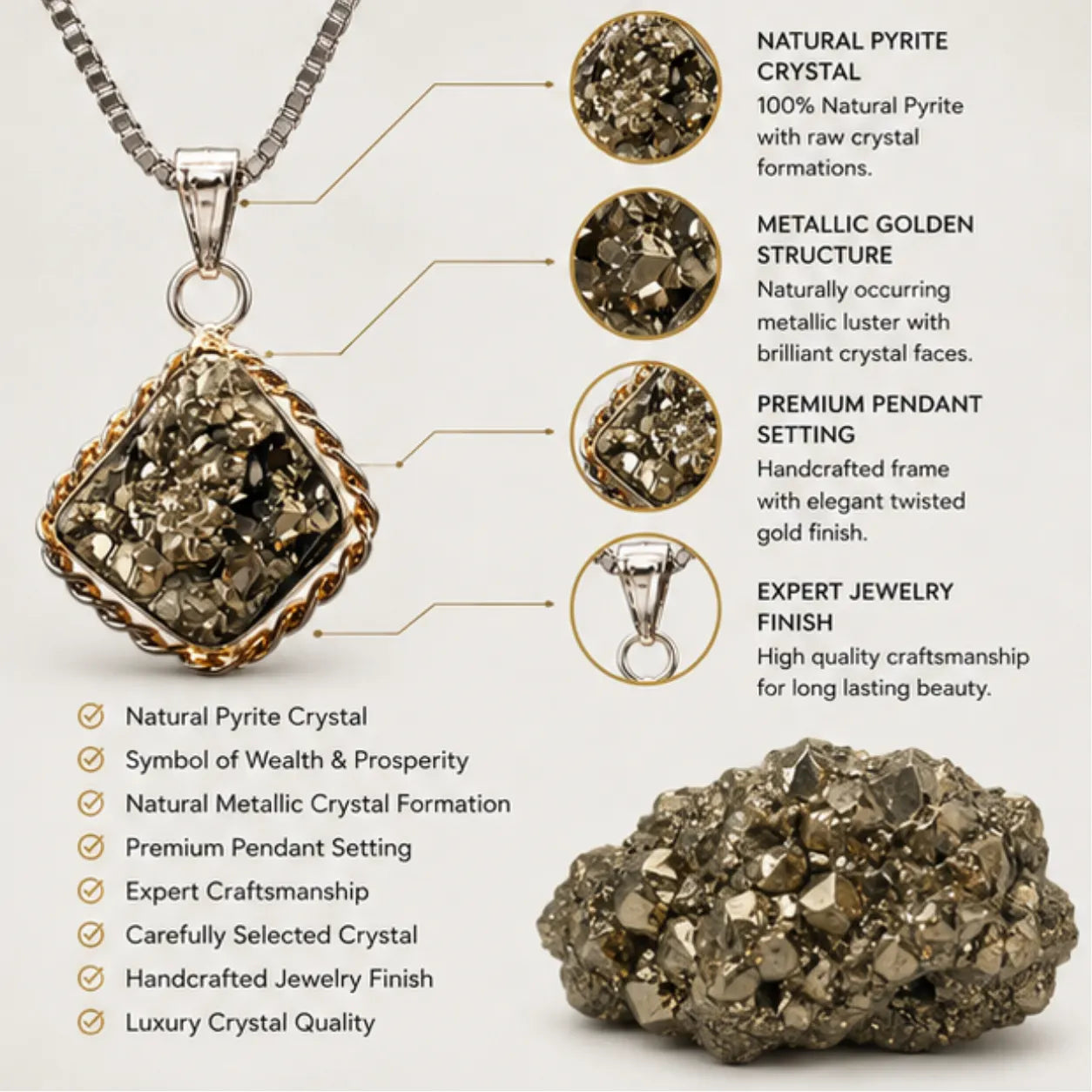 Natural Pyrite Crystal Pendant for Wealth & Prosperity