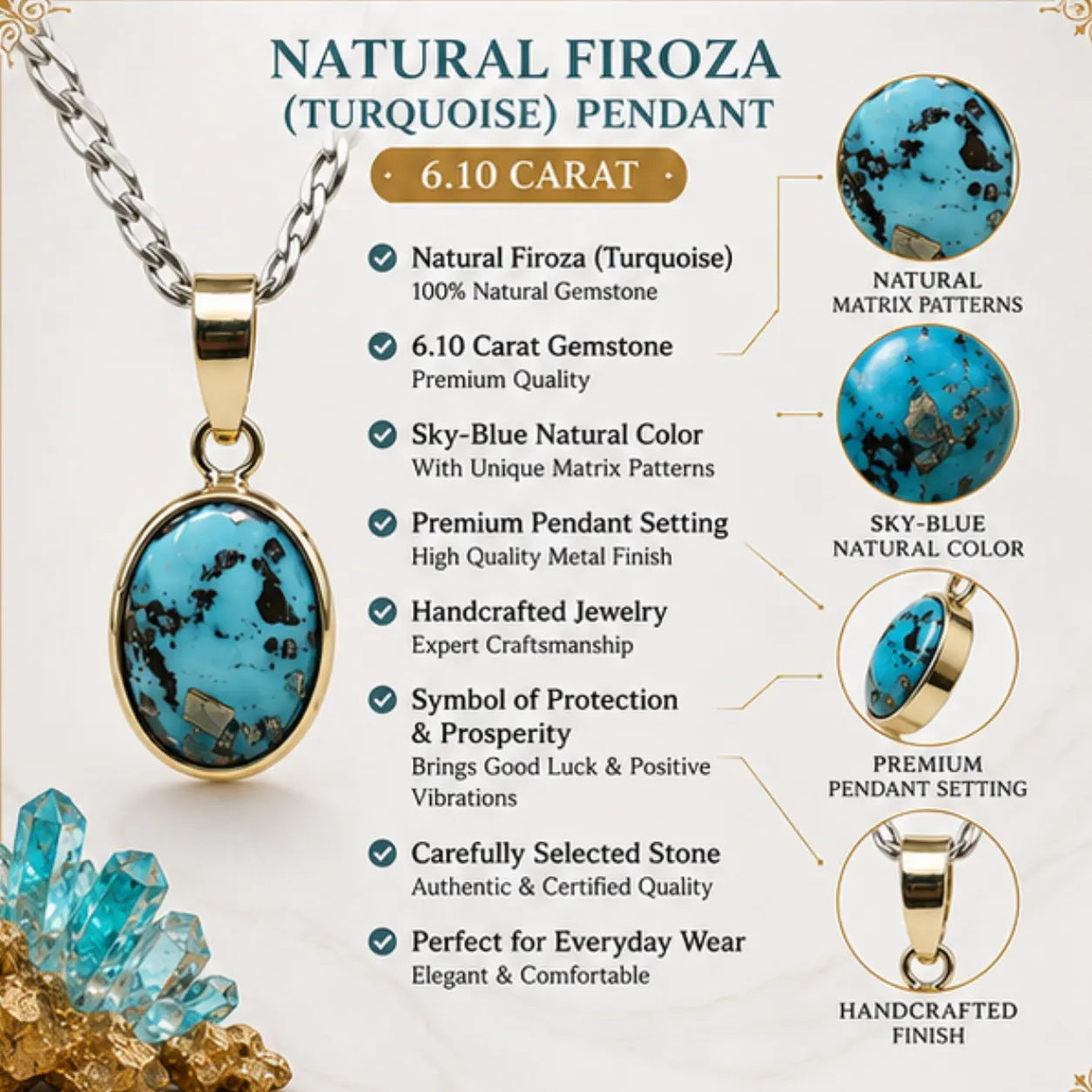 Natural Firoza (Turquoise) Pendant 6.10 Carat