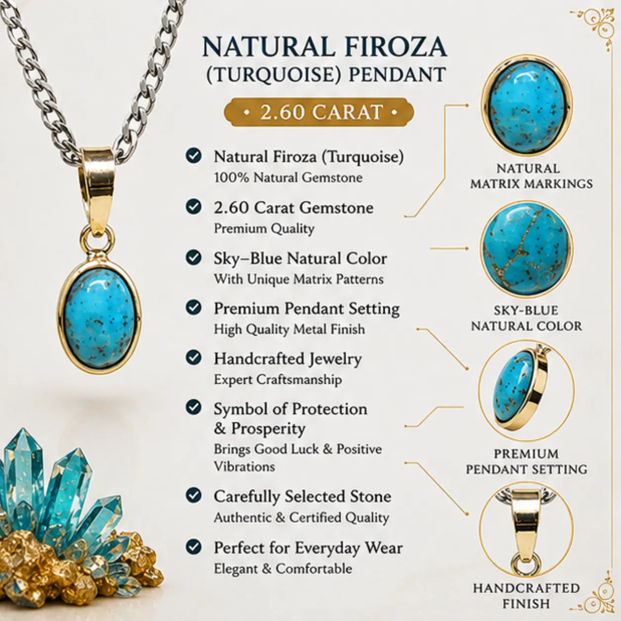 Natural Firoza (Turquoise) Pendant 2.60 Carat