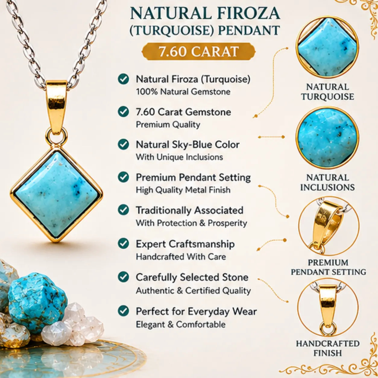 Natural Firoza (Turquoise) Pendant 7.60 Carat