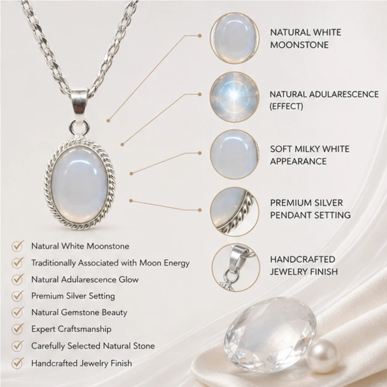 Natural White Moonstone Pendant for Moon