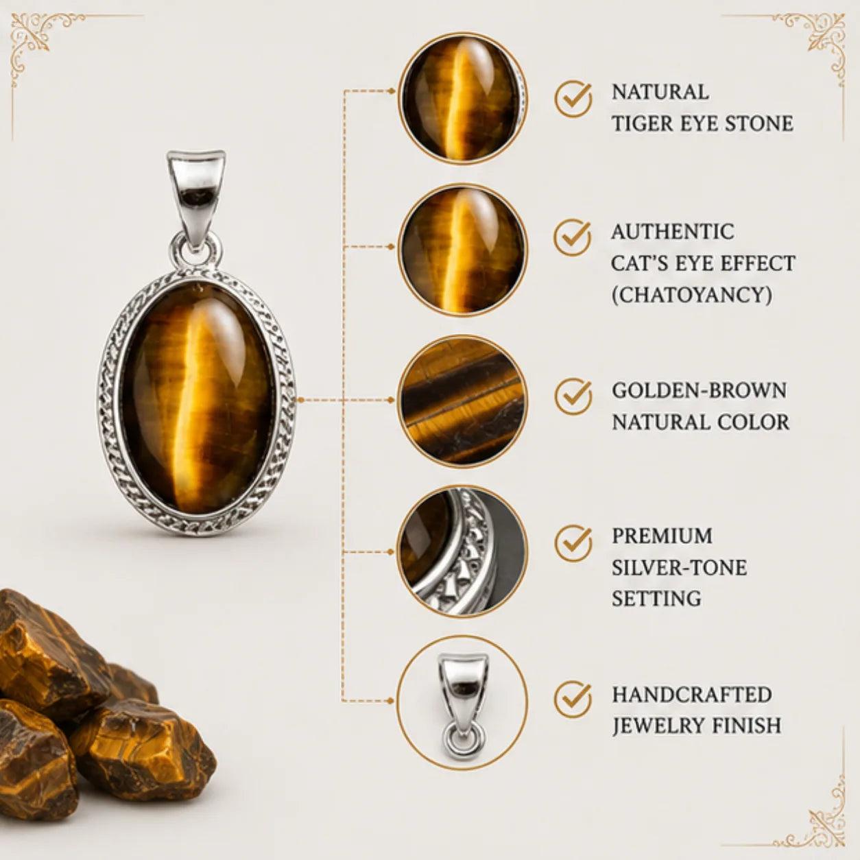 Natural Tiger Eye Stone Pendant for Confidence & Protection