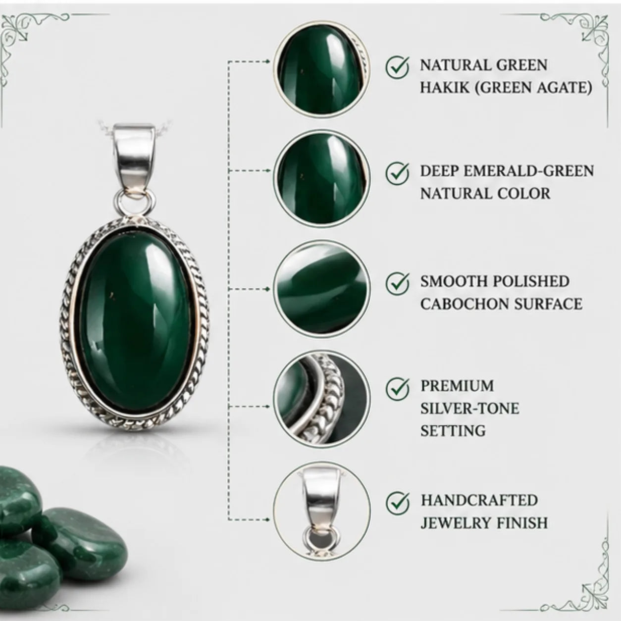 Natural Green Hakik Pendant for Luck & Growth
