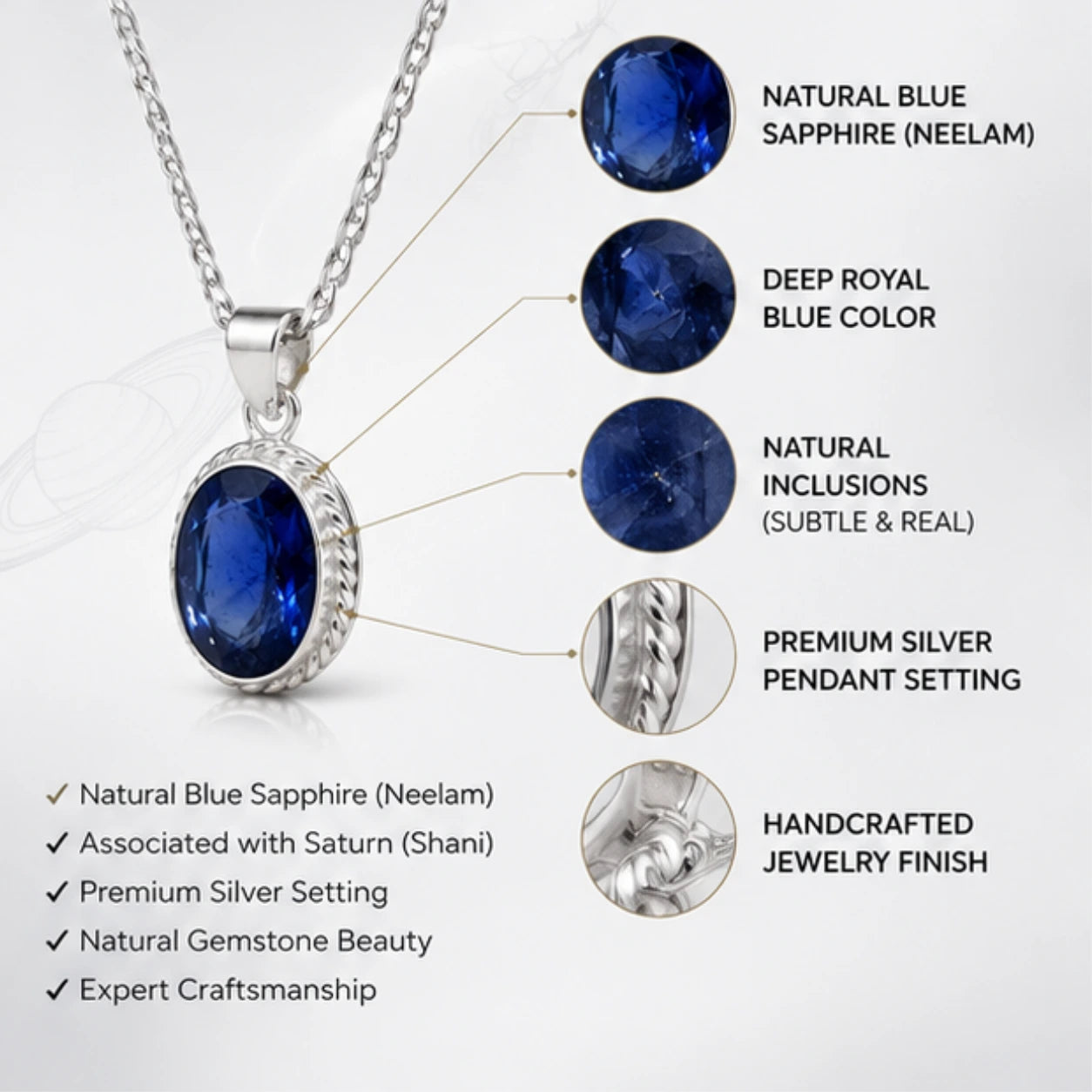 Natural Blue Sapphire (Neelam) Pendant for Shani