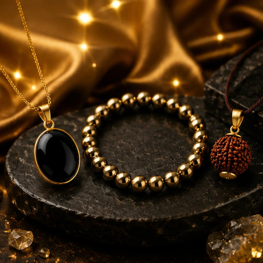 3-in-1 Healing Combo (Hakik Pendant, Pyrite Bracelet & Rudraksha Pendant) for Protection, Wealth & Spiritual Growth