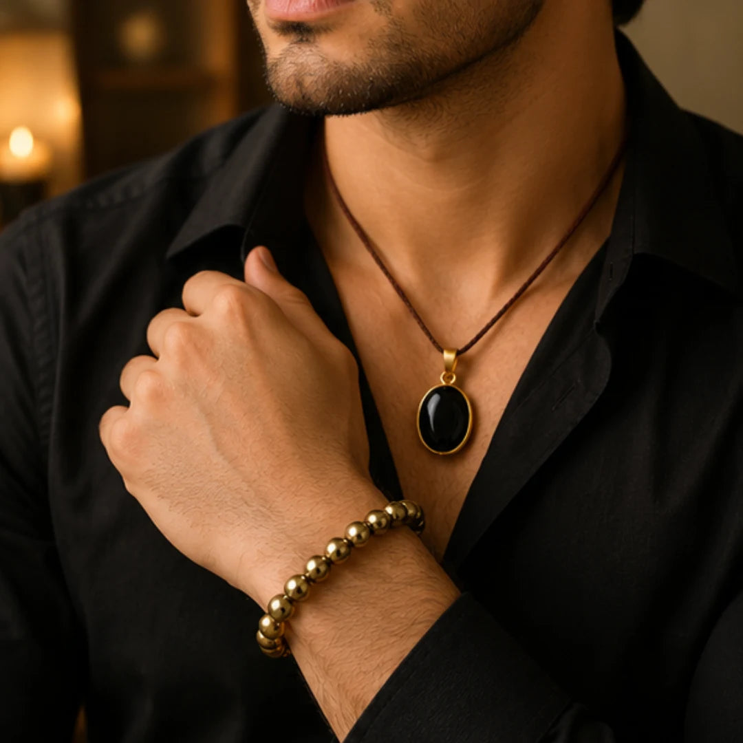 3-in-1 Healing Combo (Hakik Pendant, Pyrite Bracelet & Rudraksha Pendant) for Protection, Wealth & Spiritual Growth