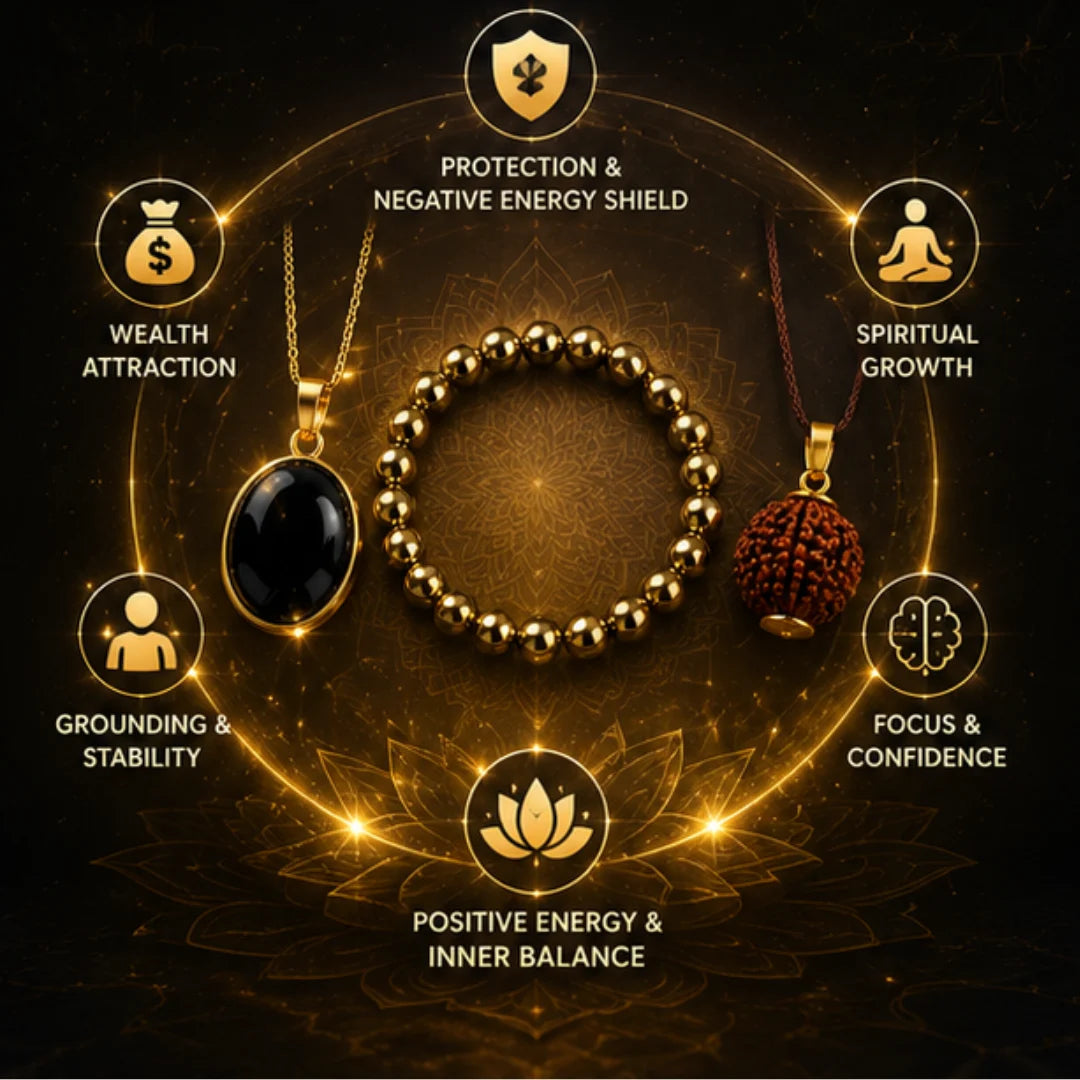 3-in-1 Healing Combo (Hakik Pendant, Pyrite Bracelet & Rudraksha Pendant) for Protection, Wealth & Spiritual Growth