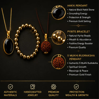 3-in-1 Healing Combo (Hakik Pendant, Pyrite Bracelet & Rudraksha Pendant) for Protection, Wealth & Spiritual Growth