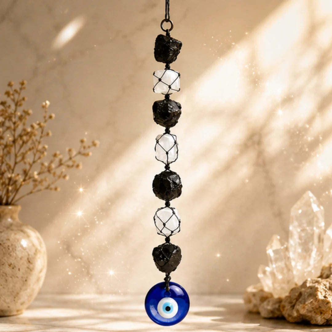 Selenite Black Tourmaline Evil Eye Protection Hanging