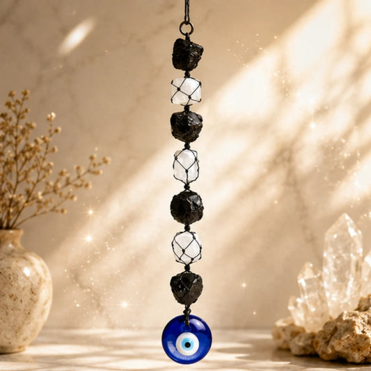 Selenite Black Tourmaline Evil Eye Protection Hanging