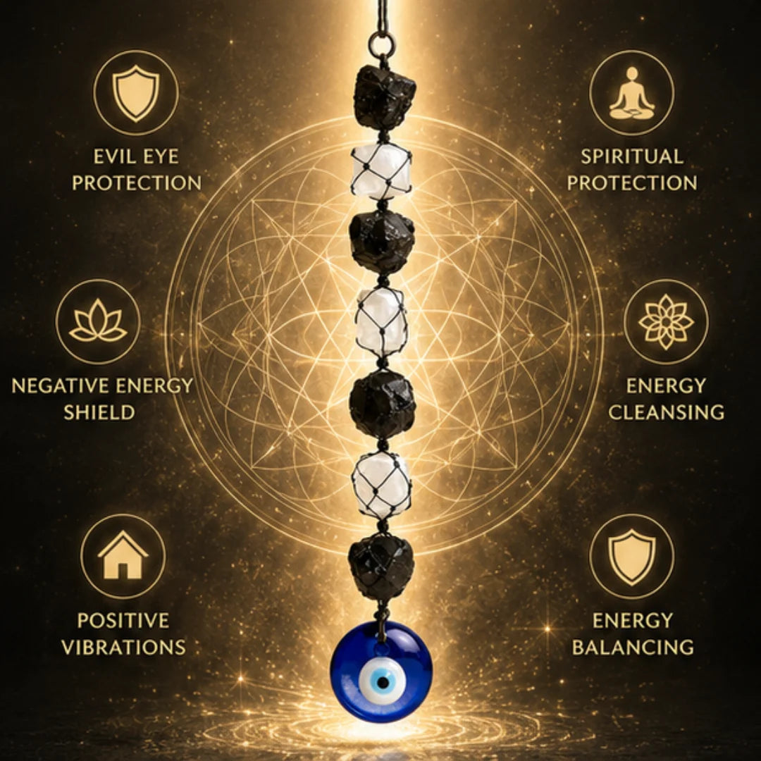 Selenite Black Tourmaline Evil Eye Protection Hanging