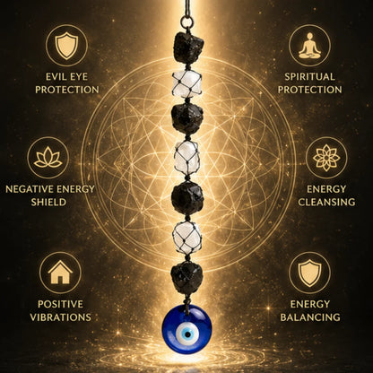 Selenite Black Tourmaline Evil Eye Protection Hanging