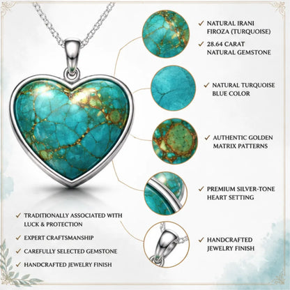 Natural Irani Firoza 28.64 Carat Heart Shape Pendant in Silver