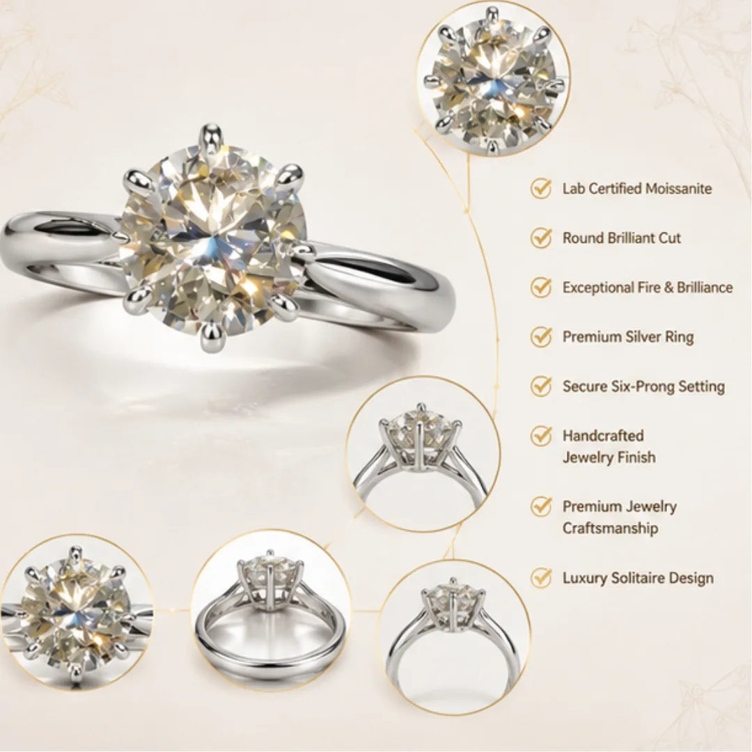 Natural Moissanite Silver Ring | Lab Certified Moissanite Diamond Ring