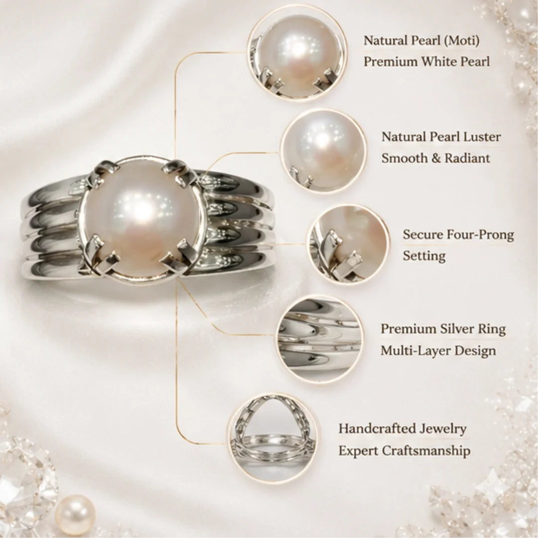Natural Pearl (Moti) Silver Ring for Peace & Emotional Balance