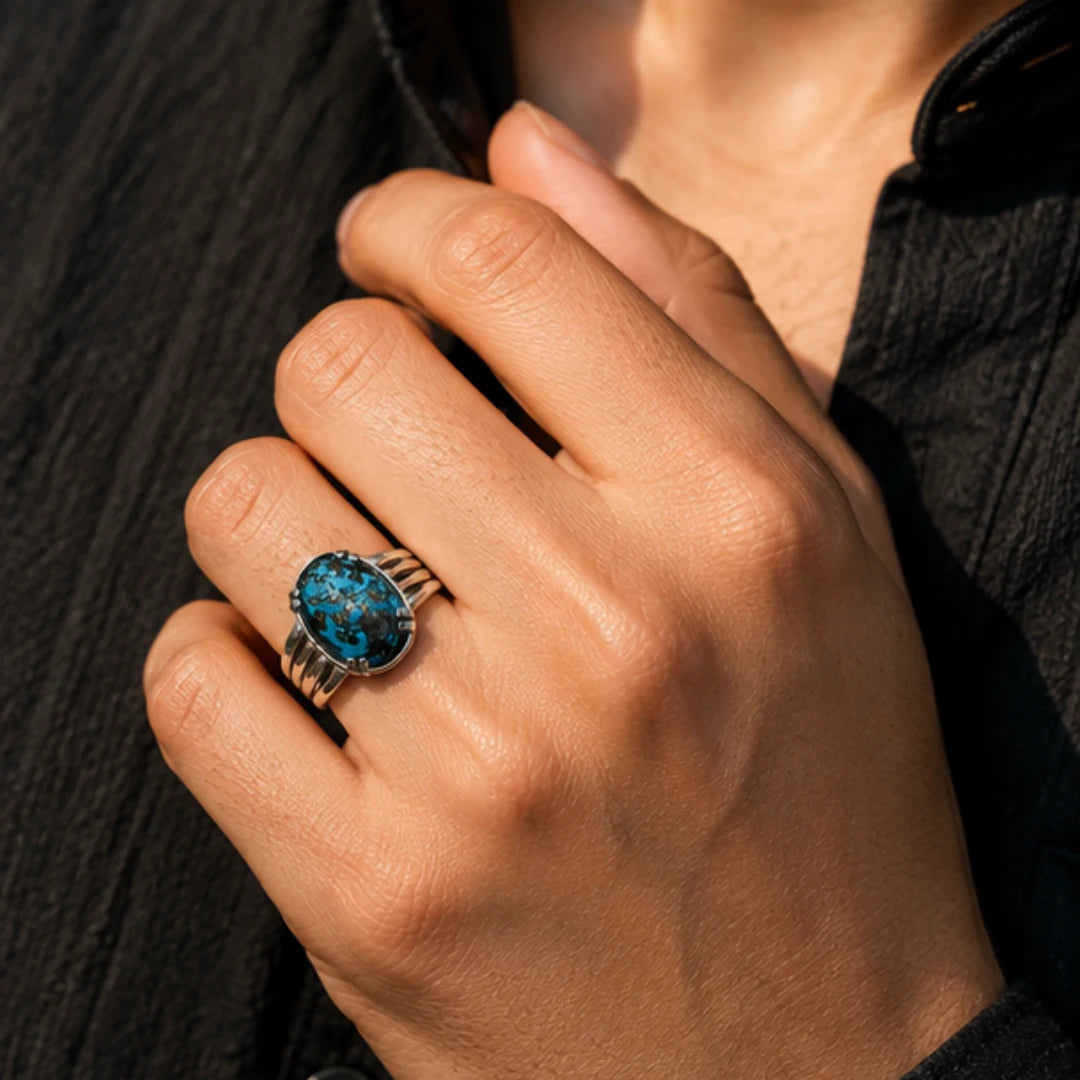 Natural Irani Firoza Silver Ring for Luck & Protection