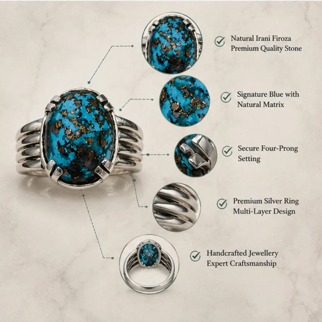 Natural Irani Firoza Silver Ring for Luck & Protection