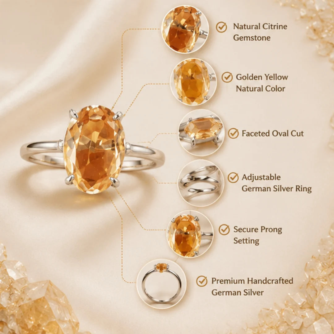 Natural Citrine Adjustable German Silver Ring for Wealth & Success