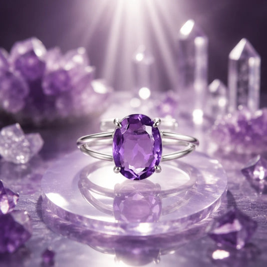 Natural Amethyst Adjustable Silver Ring for Peace & Healing