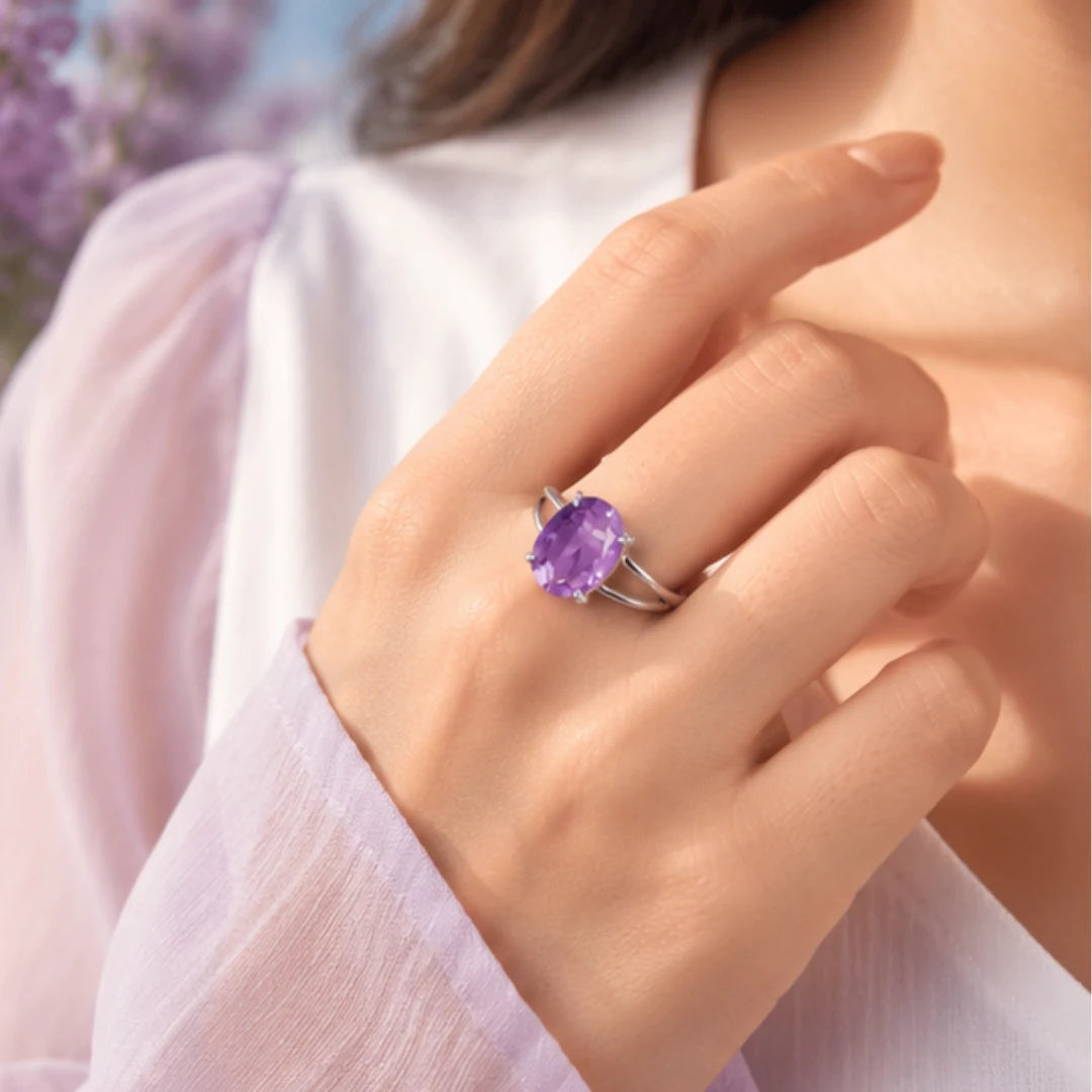 Natural Amethyst Adjustable Silver Ring for Peace & Healing