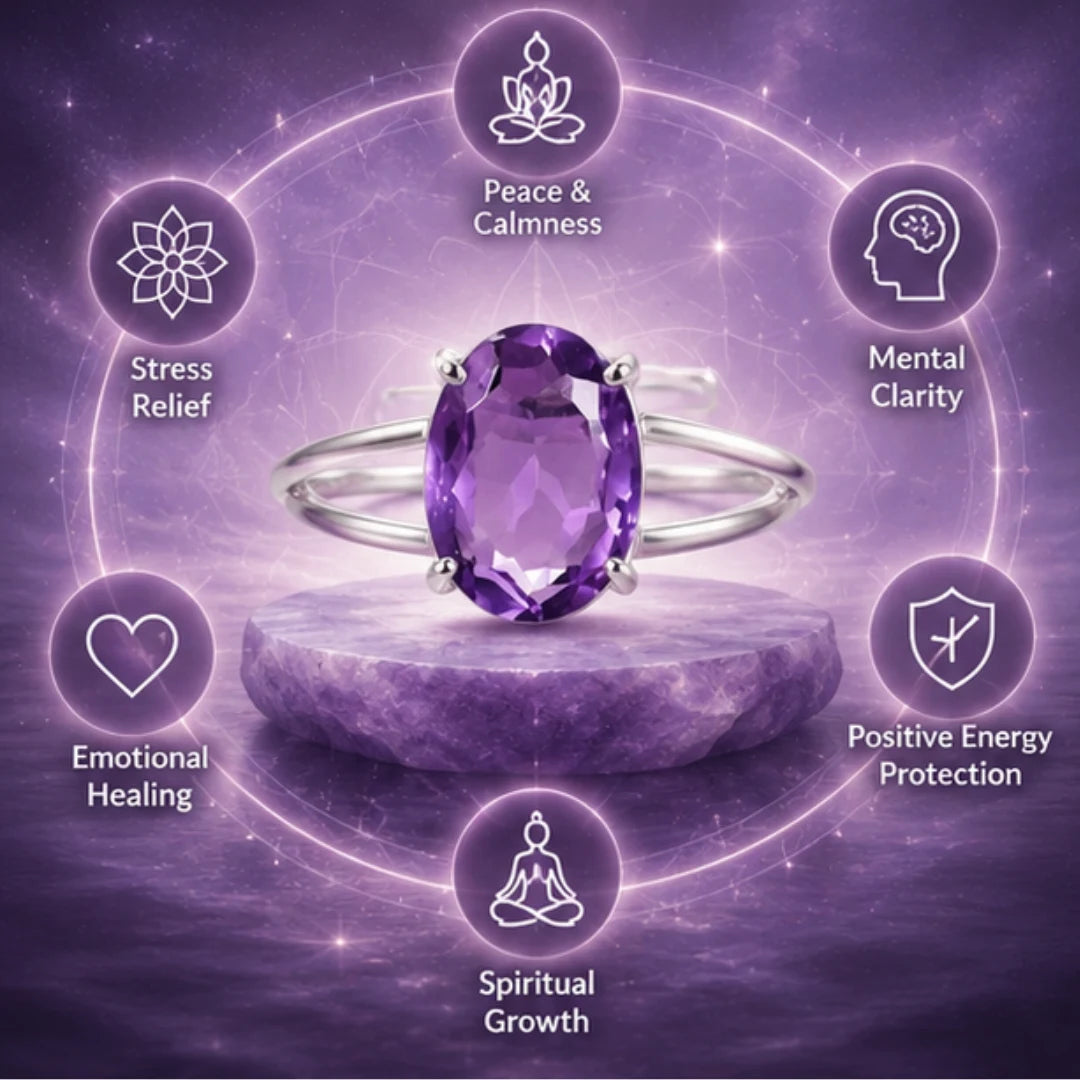 Natural Amethyst Adjustable Silver Ring for Peace & Healing