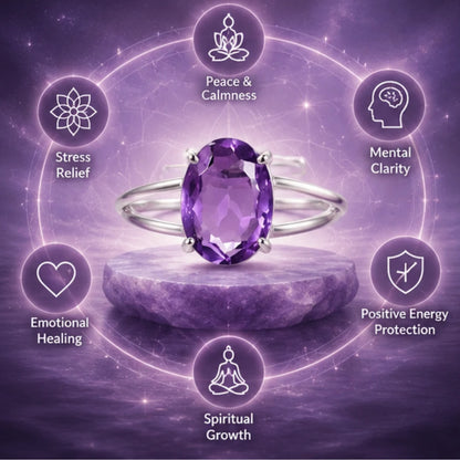 Natural Amethyst Adjustable Silver Ring for Peace & Healing