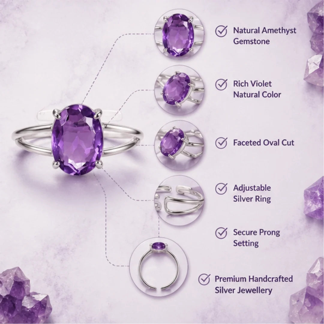 Natural Amethyst Adjustable Silver Ring for Peace & Healing
