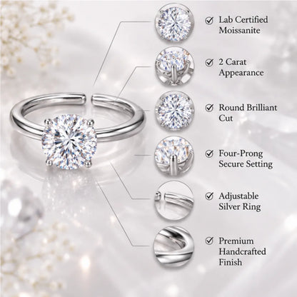 2 Carat Moissanite Adjustable Silver Ring | Lab Certified